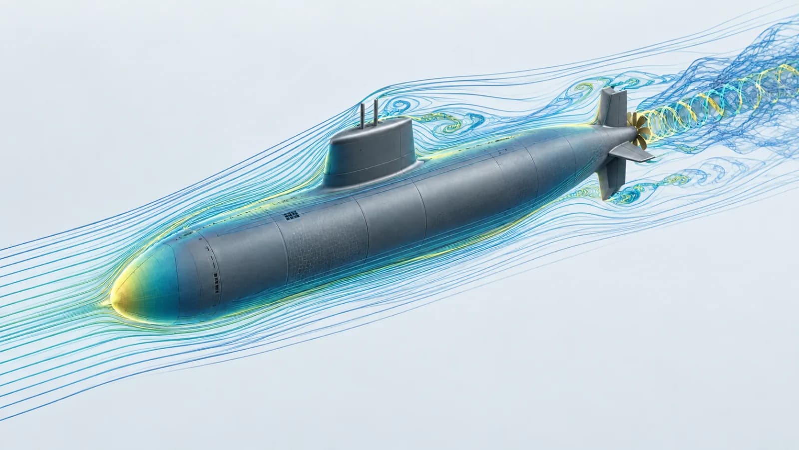 Submarine with resolved flow structures along the hull